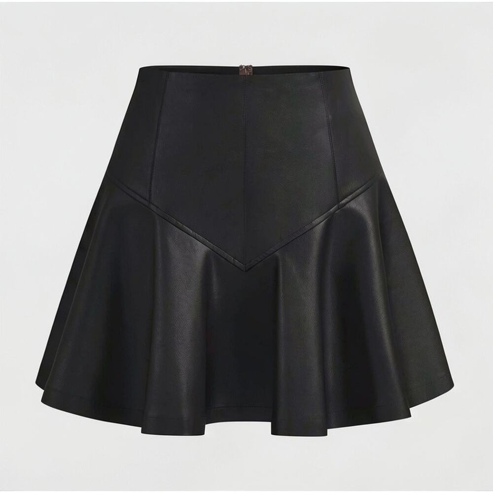Commense Black Faux Leather Flared Mini Skirt NWT S - Modern Noir Minimalist